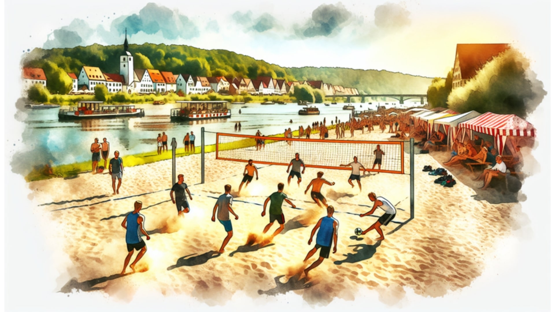 Beachsoccer-Spiel in Geesthacht mit der Elbe im Hintergrund, in einem dynamischen Aquarellstil gehalten.