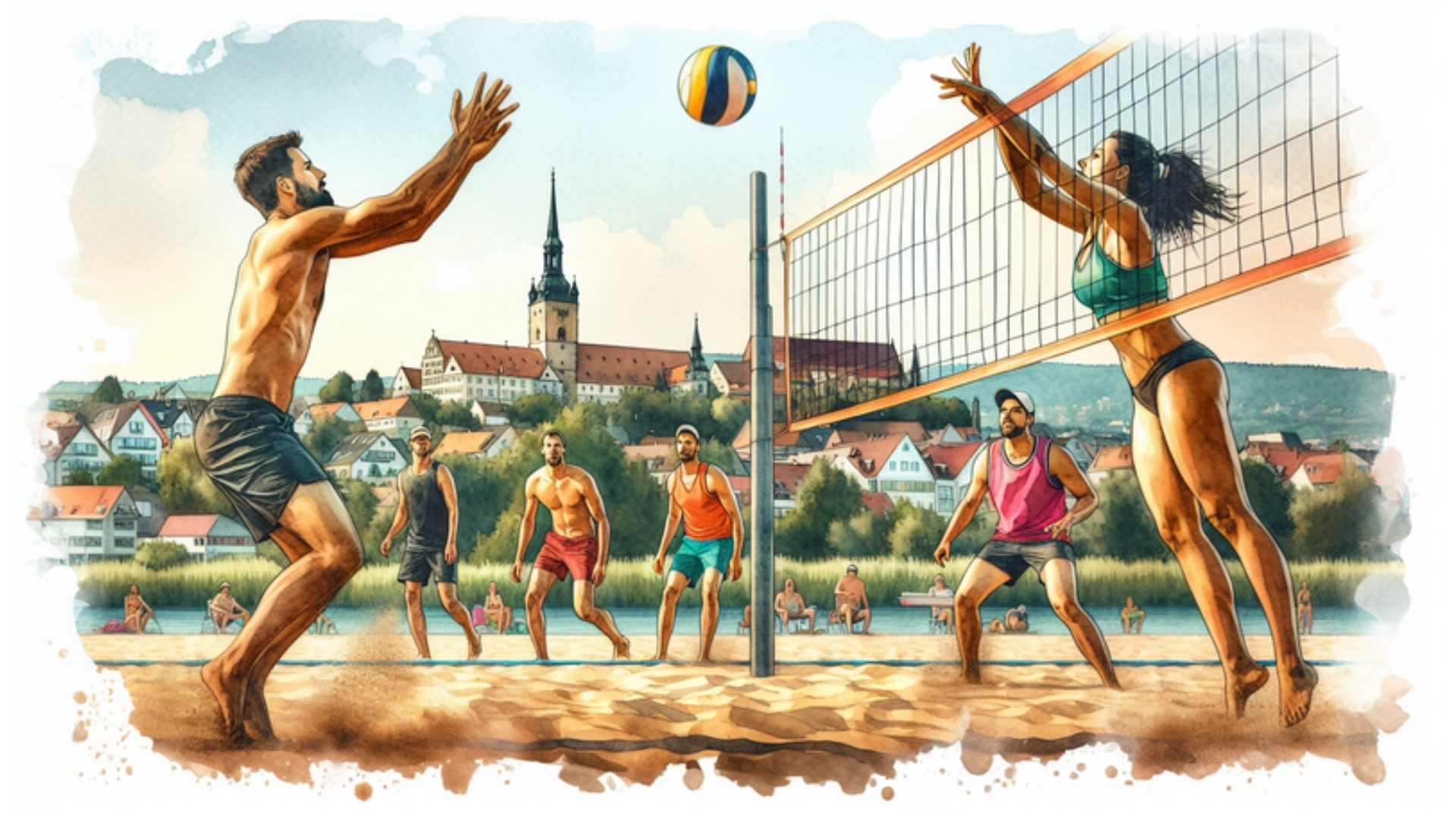 Beachvolleyballspiel in Geesthacht mit zwei Spielerpaaren auf einem sonnigen Sandplatz, im Aquarellstil.