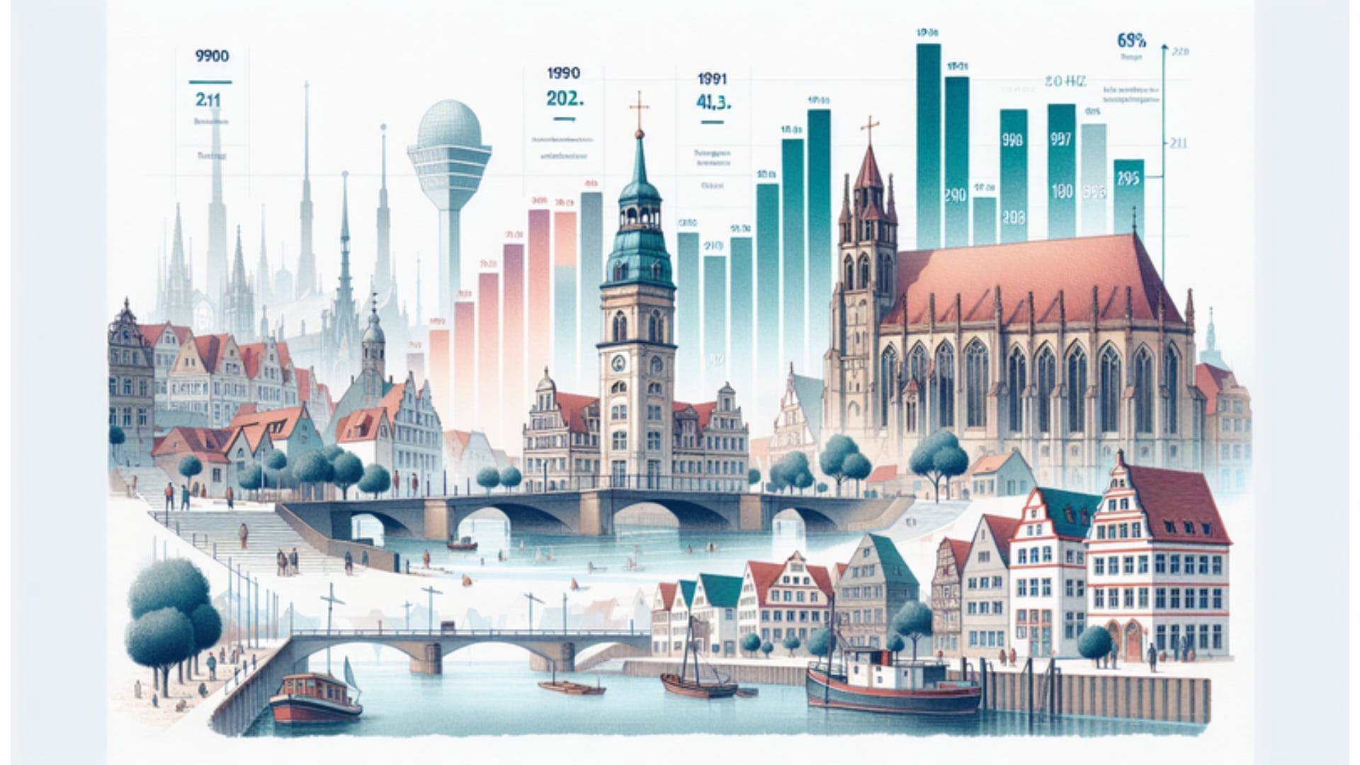 Bevölkerungsentwicklung in Geesthacht von 1990 bis heute, dargestellt in Aquarellstil inklusive historischer Gebäude und moderner Skyline.