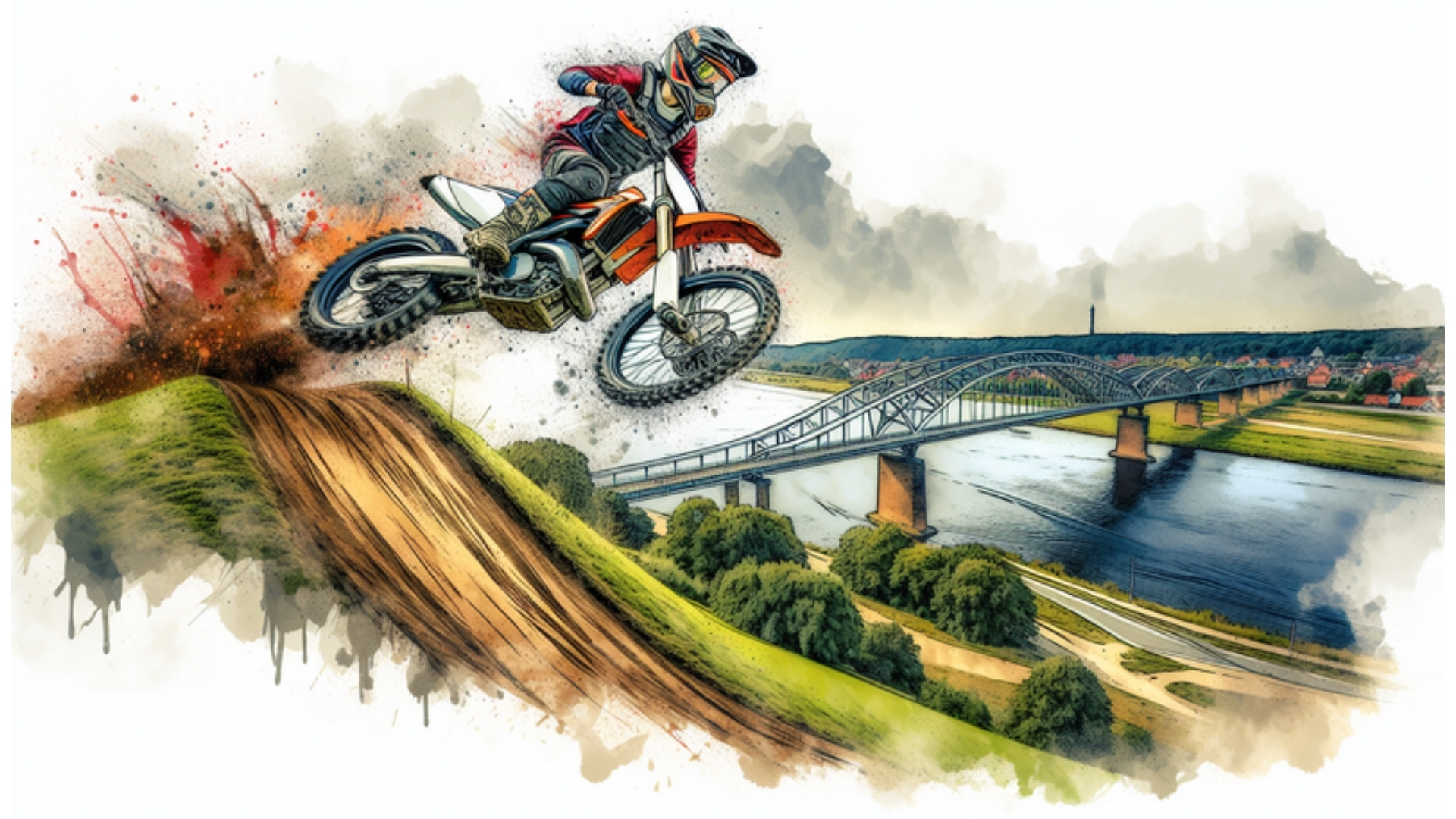 Aquarellbild eines Dirt-Bikers auf der Dirt-Bike-Strecke im Elbuferpark Geesthacht mit Blick auf die Elbe