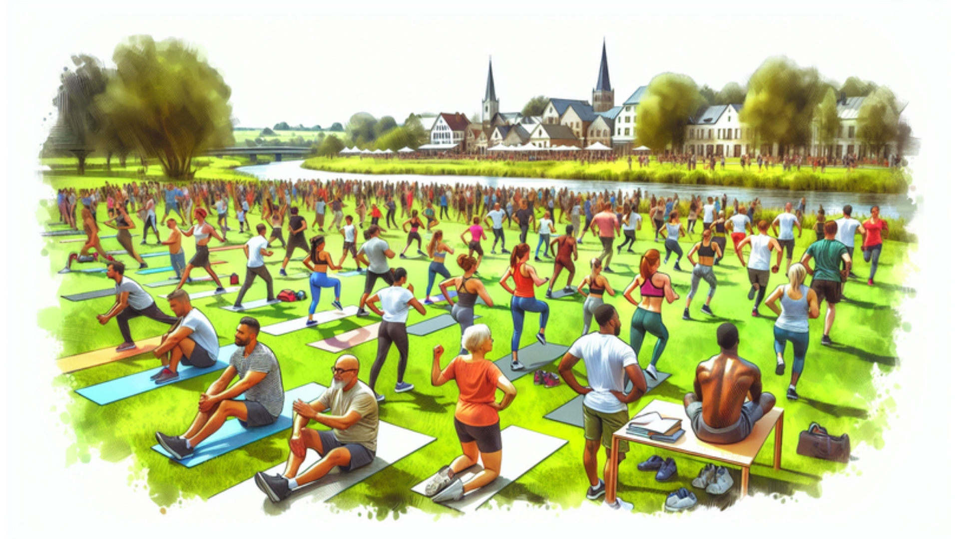 Teilnehmer bei Sport im Park in Geesthacht, die Yoga und Fitness im Freien an der Elbe praktizieren, in Aquarellstil