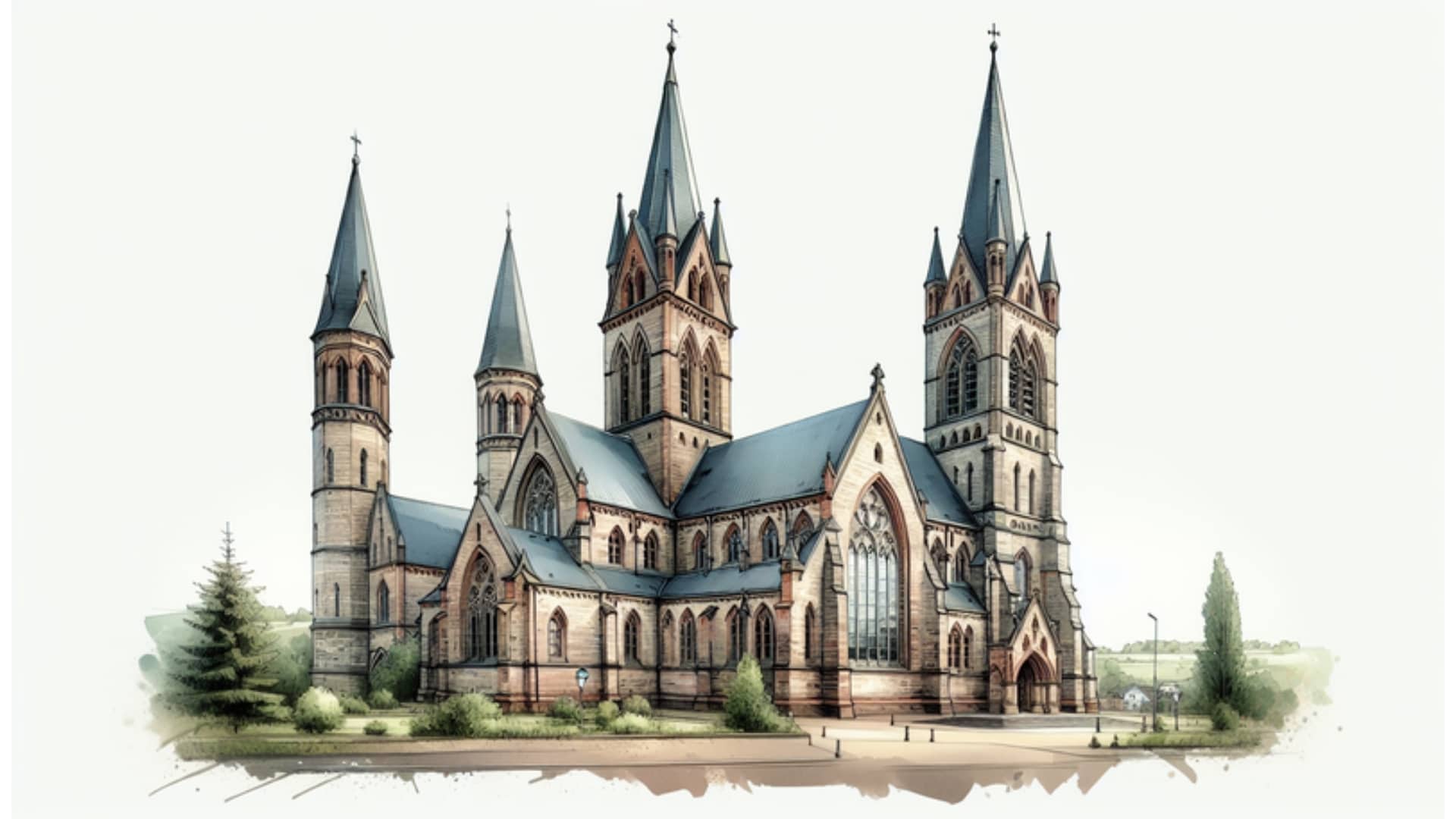 Historische Darstellung der St.-Salvatoris-Kirche in Geesthacht mit gotischen Stilelementen, Aquarell auf weißem Hintergrund.